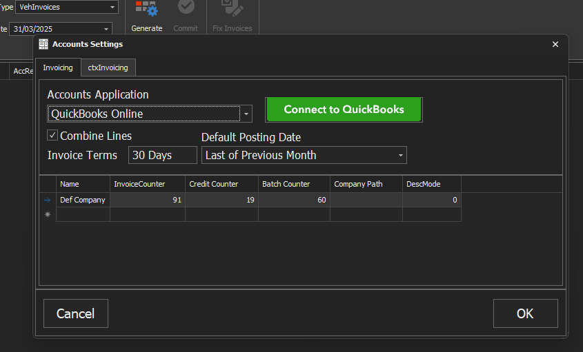 image of ctxInvoicing settings with connect to QuickBooks Button